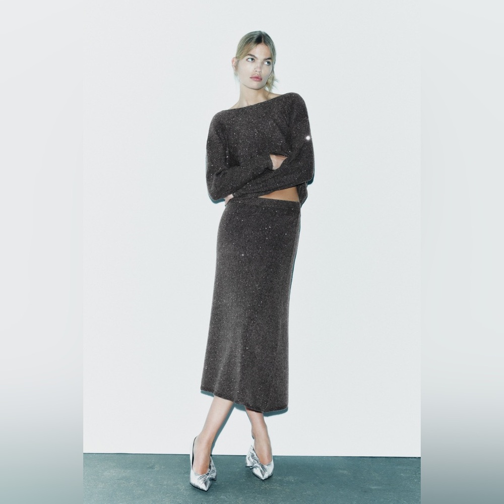 ZARA 🔥 2 PIECE SET🔥 SEQUINED KNIT SWEATER & MIDI SKIRT